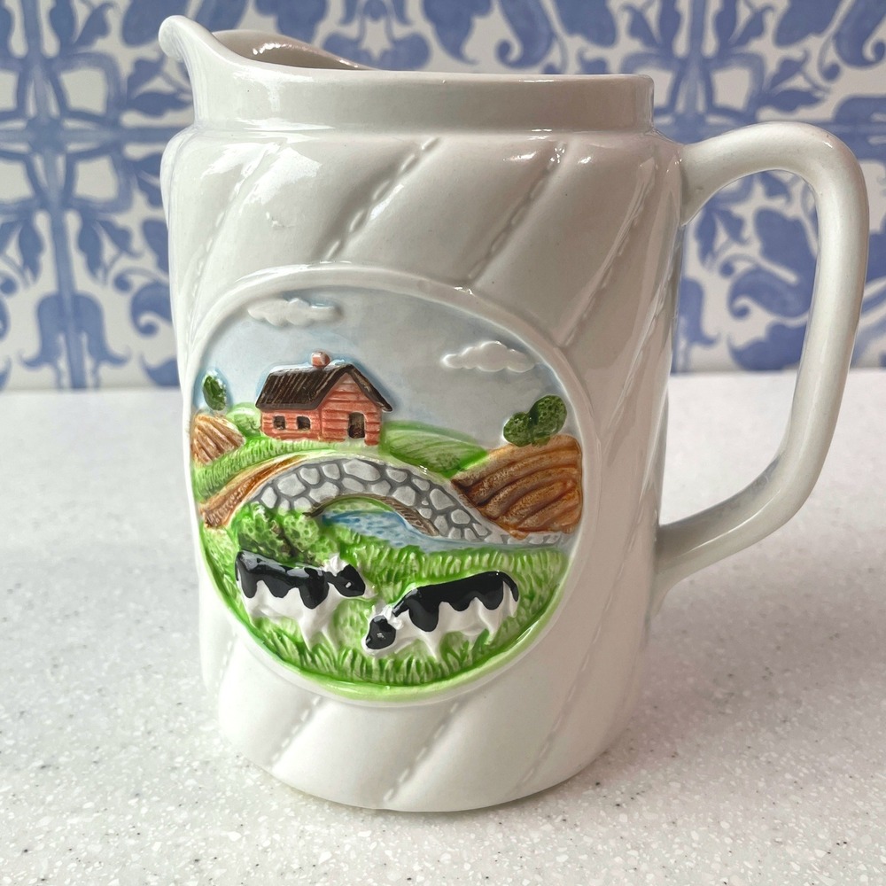 Vintage Farm Scene Pitcher Cows Barn Otagiri Japan Ceramic Cottagecore Farmhouse